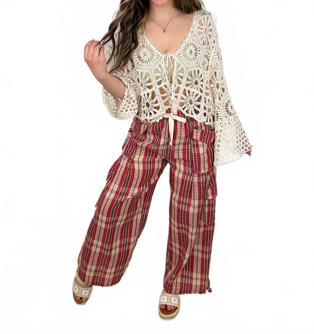 NEW BIBI truth be told high-rise cotton blend plaid cargo pants in red/cream